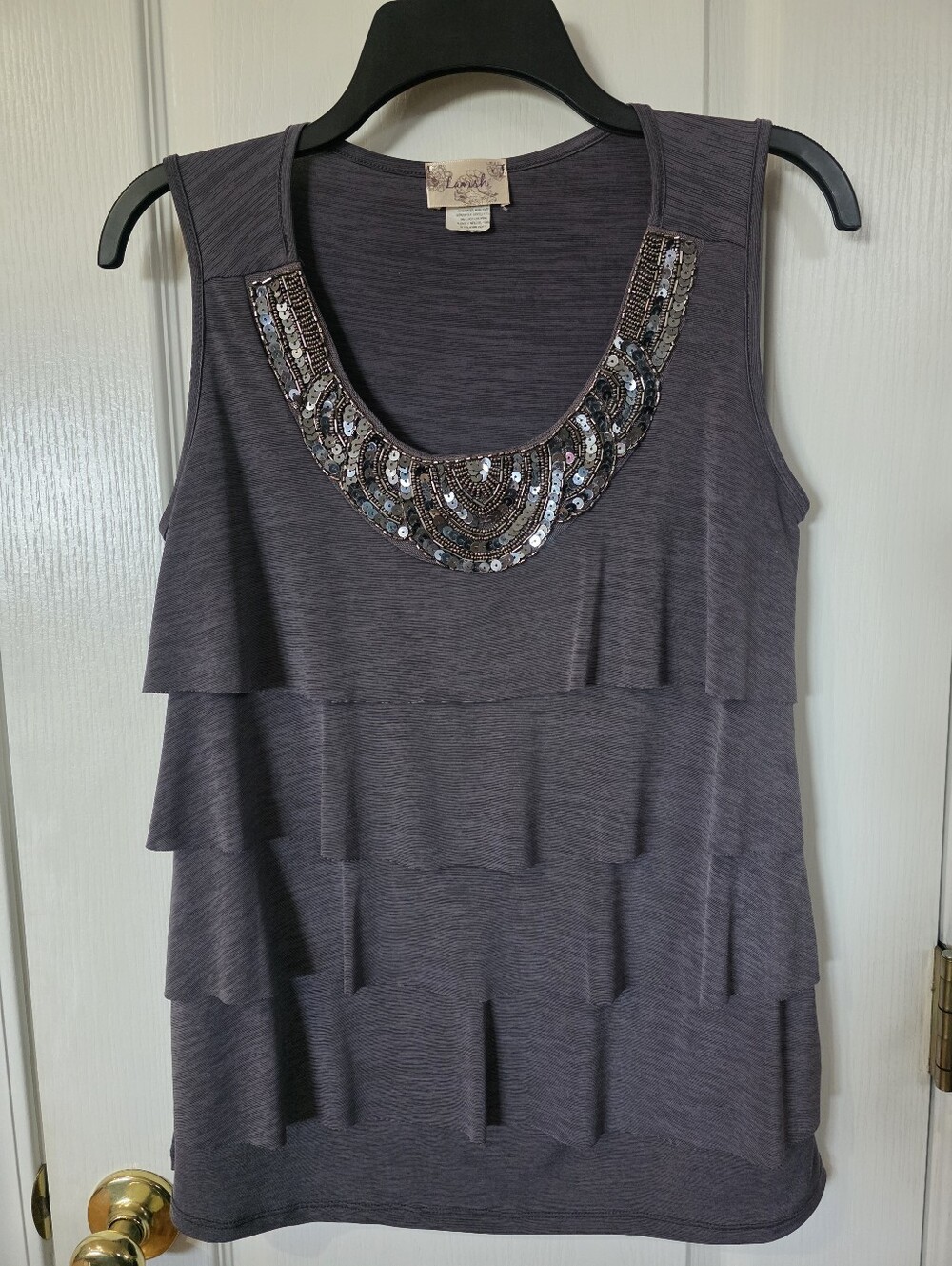 Lavish, Vintage Sleeveless Layered Sequin Scoop Neck Top - Gray Sz M